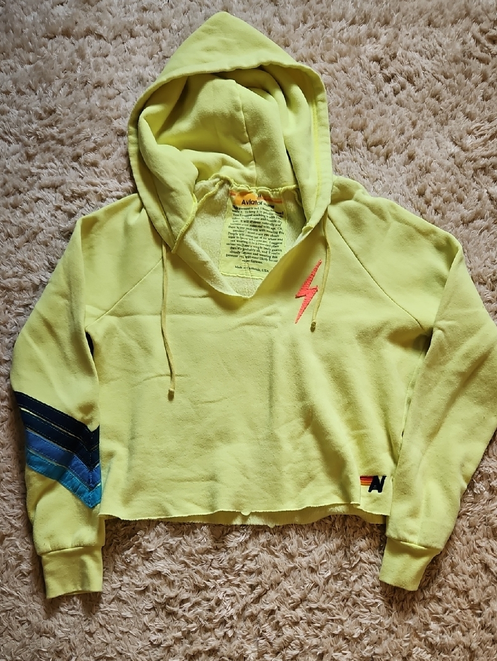 Aviator Nation Neon Yellow Cropped Hoodie with Blue Stripe Sleeve